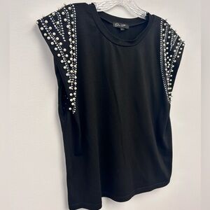 On Twelfth Black Pearl Embellished Rhinestone Short Sleeve Top Size Large